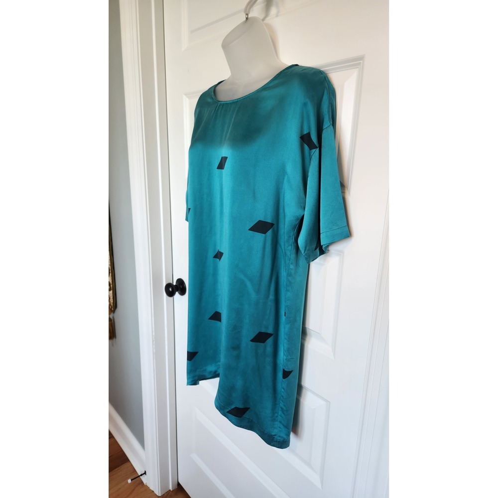 Vintage Sunshine Shadow Teal Silk Diamond Print Short Sleeve Dress Size 2 - Picture 7 of 11